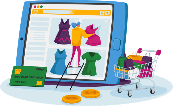 Woman buying online products by paying through card  Illustration