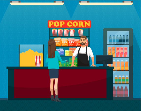 Woman buying popcorn at cinema hall Illustration