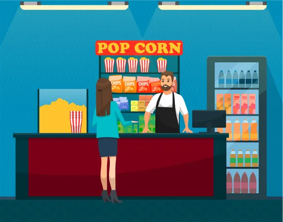 Woman buying popcorn at cinema hall  Illustration