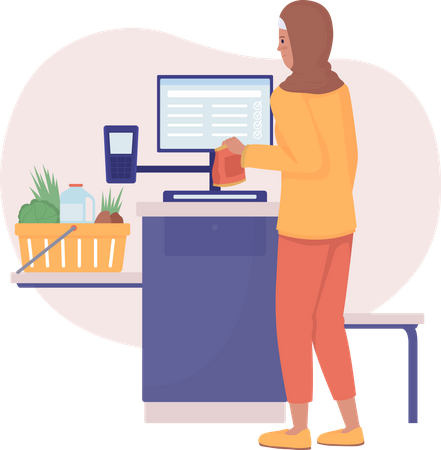 Woman Buying Product at Self Checkout in Supermarket  Illustration