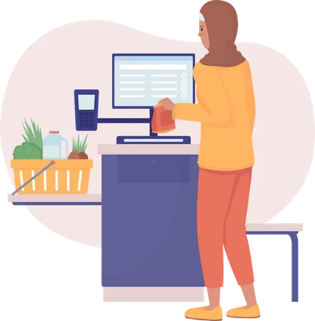 Woman Buying Product at Self Checkout in Supermarket  Illustration