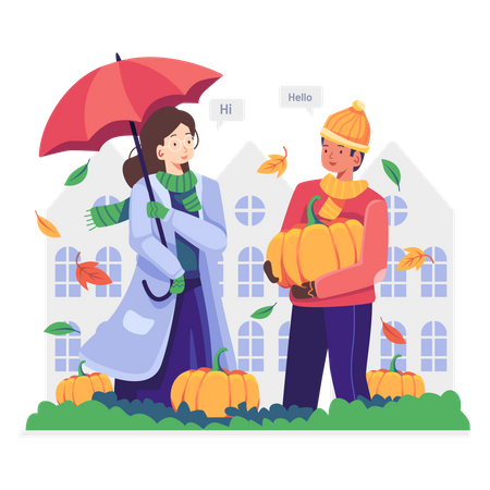 Woman buying pumpkin from local vendor Illustration