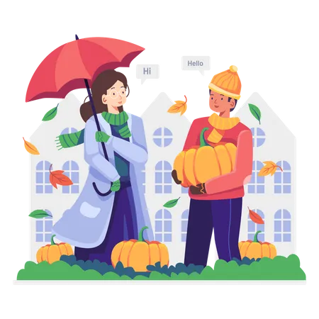 Woman buying pumpkin from local vendor Illustration