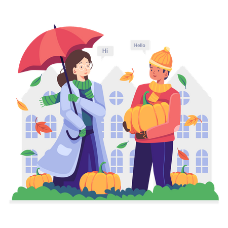 Woman buying pumpkin from local vendor  Illustration