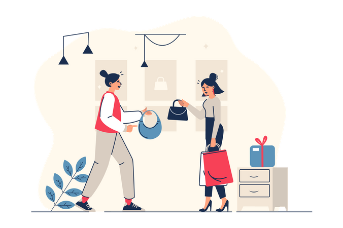 Woman buying purse at store Illustration