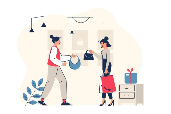 Woman buying purse at store  Illustration