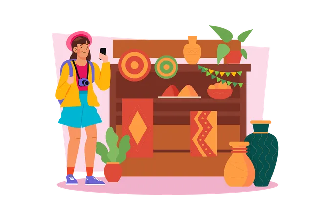 Woman buying souvenirs to give to family and friends  Illustration