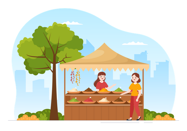 Woman buying spices from street vendor  Illustration