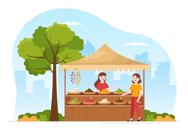 Woman buying spices from street vendor Illustration