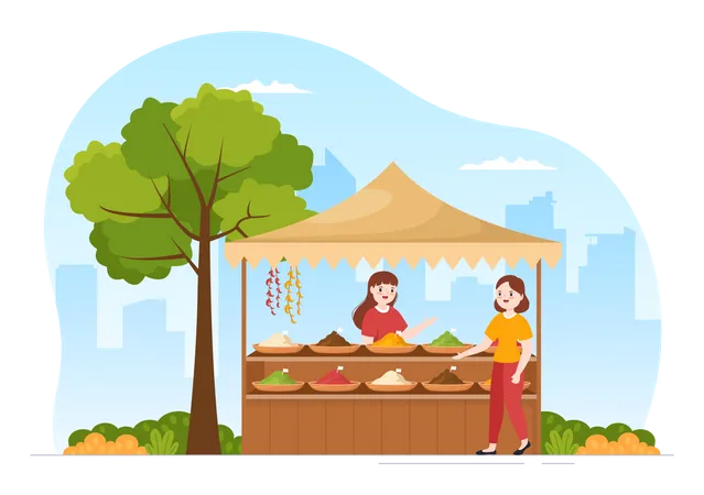 Woman buying spices from street vendor  Illustration