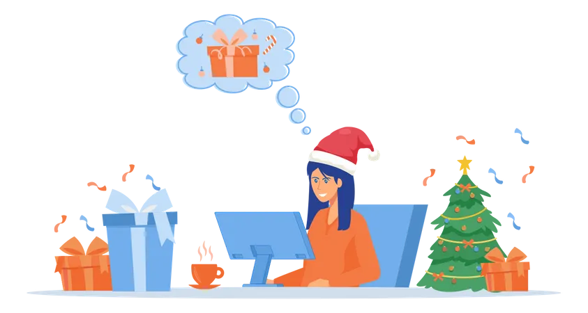 Woman buys christmas gifts online Illustration