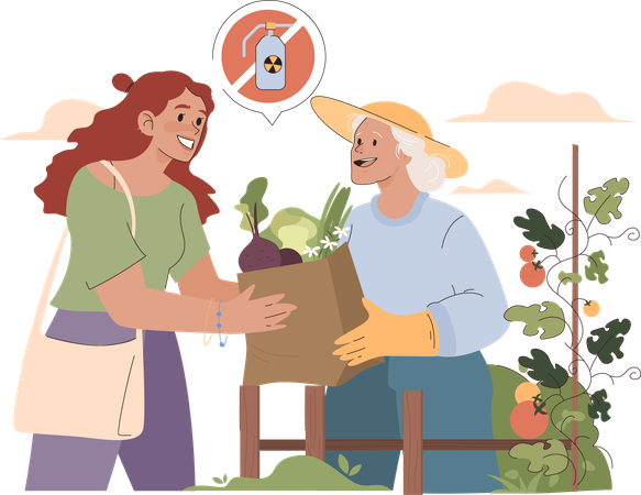 Woman buys green vegetables from old lady  Illustration