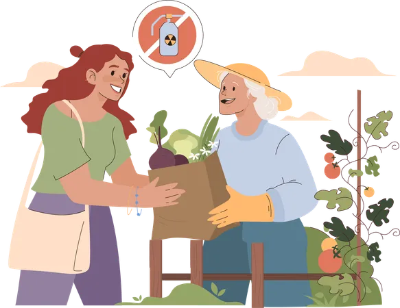 Woman buys green vegetables from old lady  Illustration