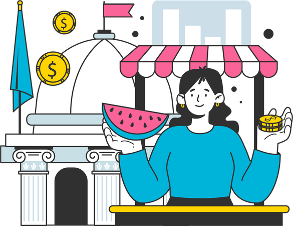 Woman buys grocery from money  Illustration