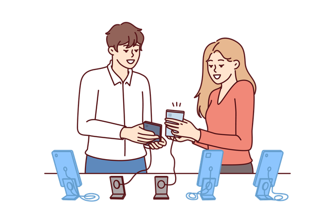 Woman buys new mobile phone  Illustration
