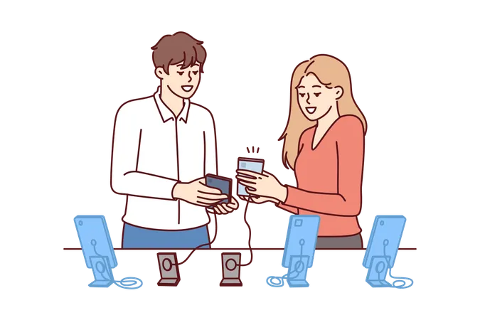 Woman Buys New Mobile Phone In Consultation With Employee Of Digital Gadget Store Man And Girl Are Standing Near Showcase With Smartphones Connected By Wire To Counter To Avoid Stealing Phone Illustration