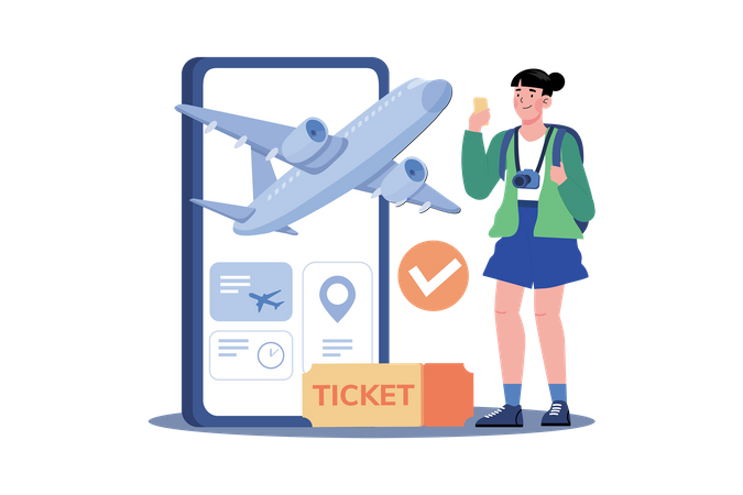 Woman buys plane tickets online to save money  Illustration