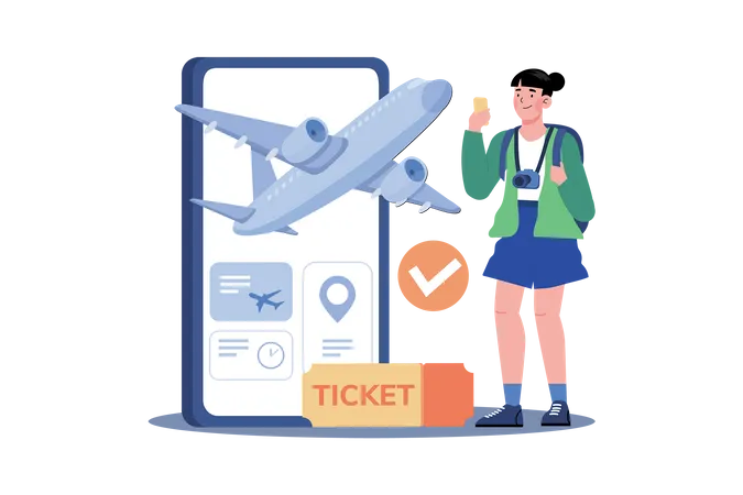 Woman buys plane tickets online to save money  Illustration