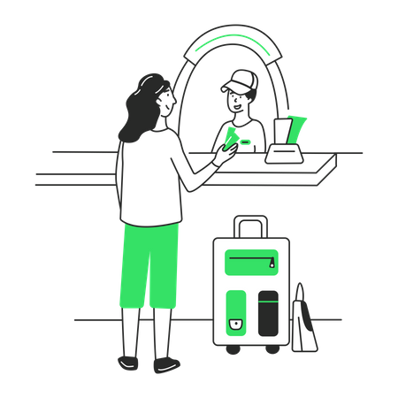 Woman buys train tickets at the ticket office Illustration