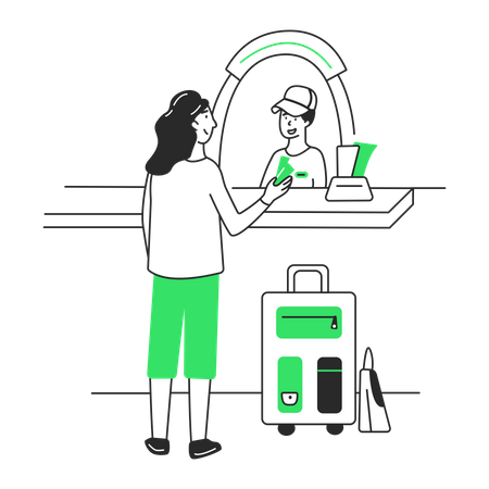 Woman buys train tickets at the ticket office  Illustration