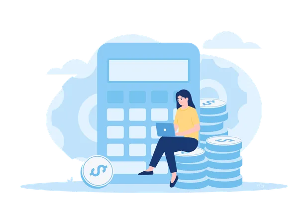 A Woman Sitting On Coins And Calculates Income Business Trending Concept Flat Illustration Illustration
