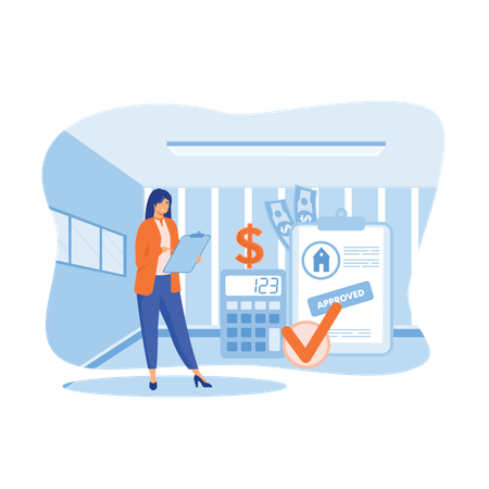 女性が家の住宅ローンの金額を計算する  イラスト