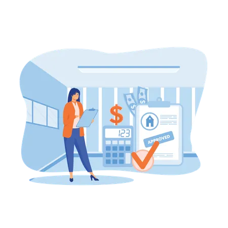 女性が家の住宅ローンの金額を計算する  イラスト