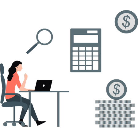 Woman calculating dollar on laptop  Illustration