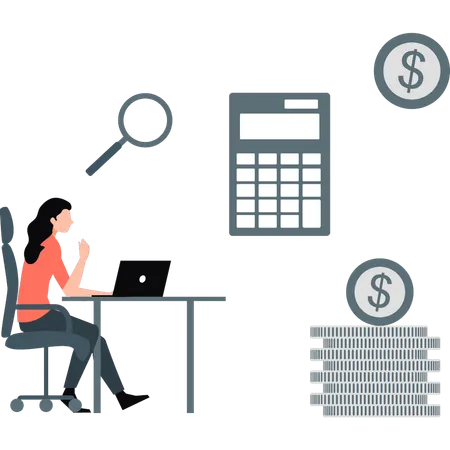 Woman calculating dollar on laptop  Illustration