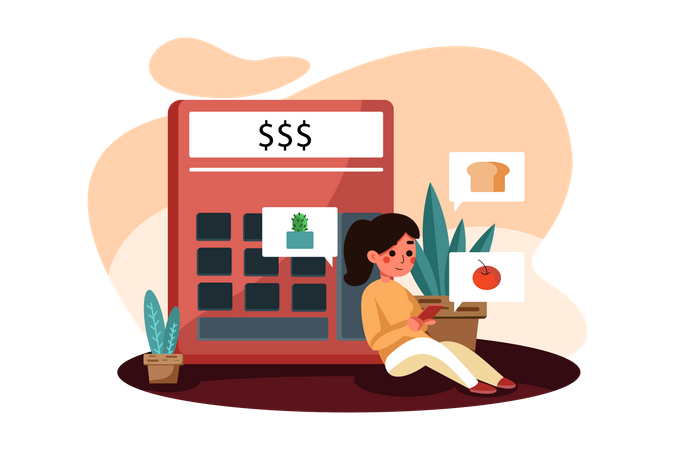 Woman calculating grocery price  Illustration