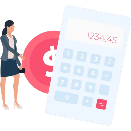 Woman calculating on calculator  Illustration