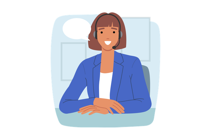 Woman call center operator smiles while sitting at office desk  Illustration