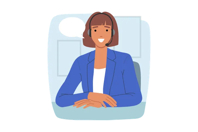 Woman call center operator smiles while sitting at office desk  Illustration