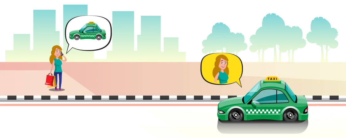 Woman call taxi by smartphone in city  Illustration