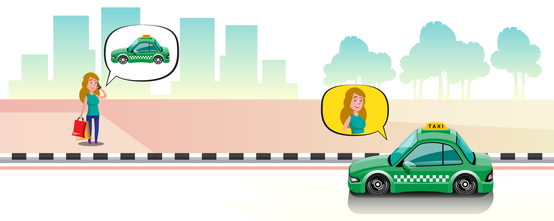 Woman call taxi by smartphone in city  Illustration
