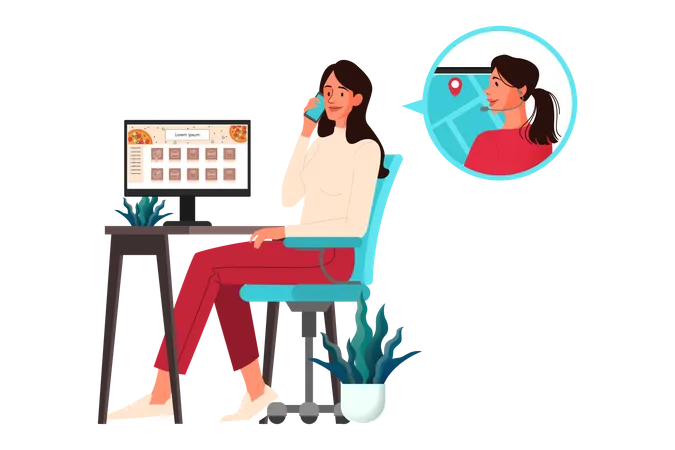 Businesswoman At Her Work Place Call To Food Delivery Service Online Order And Delivery Concept Order In The Internet And Wait For Courier Vector Illustration In Cartoon Style Illustration