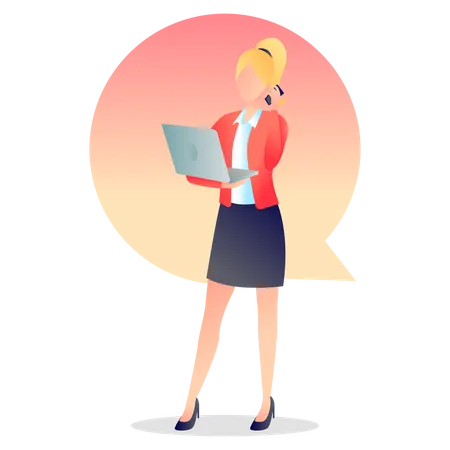 Woman Calling on Mobile holding laptop Illustration