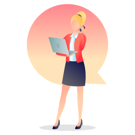 Woman Calling on Mobile holding laptop  Illustration