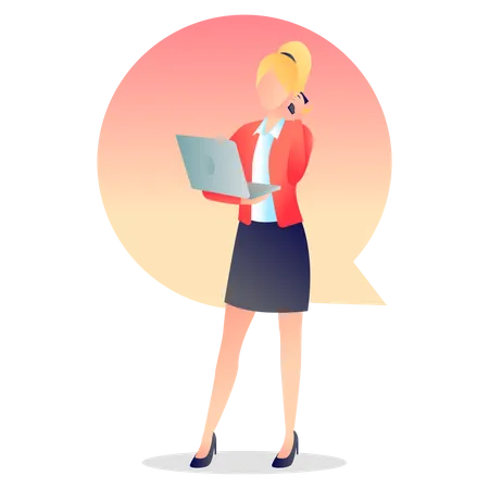 Woman Calling on Mobile holding laptop  Illustration