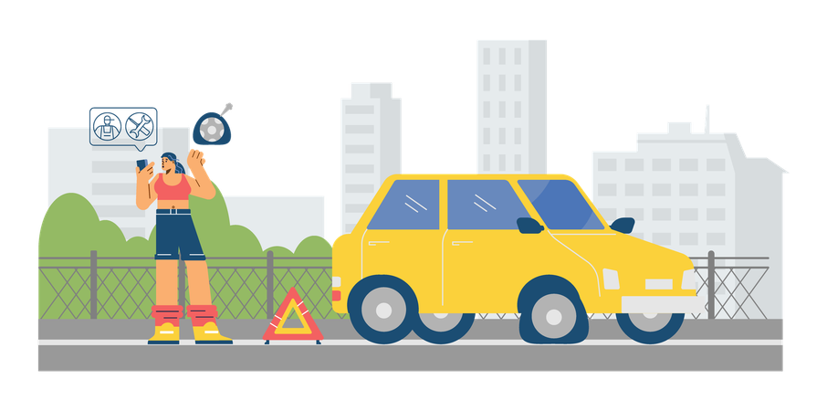 Woman calling roadside car towing services  Illustration
