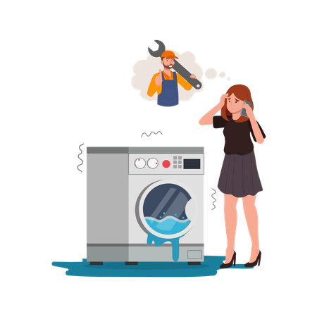 Woman calling to technician for washing machine repairing  Illustration