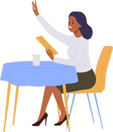 Woman calling waiter at restaurant  Illustration