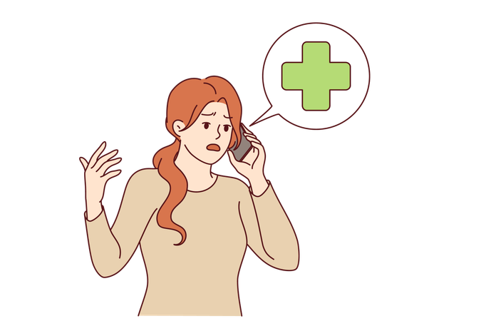 女性が個人的な緊急事態で911に電話し、緊急医療援助を要請  イラスト