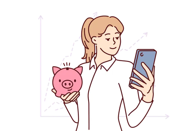 Woman Accountant With Piggy Bank And Phone Is Standing Near Financial Chart Calling To Start Investing Girl Accountant Conducts Audit Of Savings And Monitors Amount Of Dividends Through Smartphone Illustration
