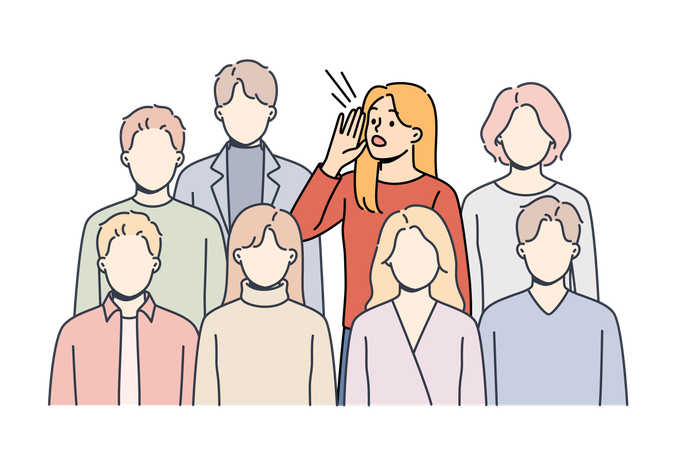 Woman calls for help while standing among crowd and feeling loneliness and stress due to lack friends  Illustration