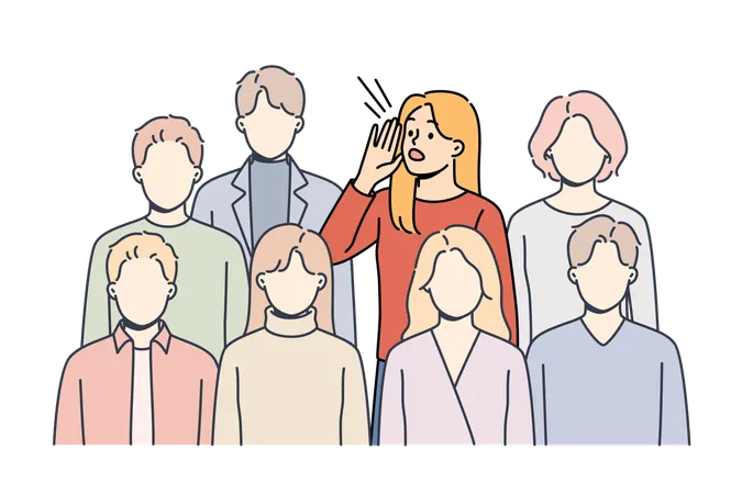 Woman calls for help while standing among crowd and feeling loneliness and stress due to lack friends  Illustration