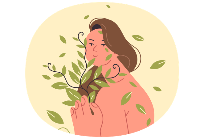 Woman calls for use organic cosmetics and creams made from plants posing with bare shoulders  Illustration