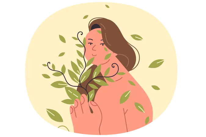 Woman calls for use organic cosmetics and creams made from plants posing with bare shoulders  Illustration