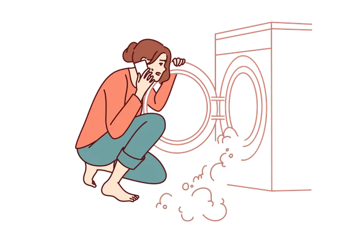Woman Near Broken Washing Machine Calls Home Electronics Repairman Because Of Foam Pouring Out Of Drum Excited Housewife Sitting Looking At Washing Machine With Factory Defect Causing Leak Illustration