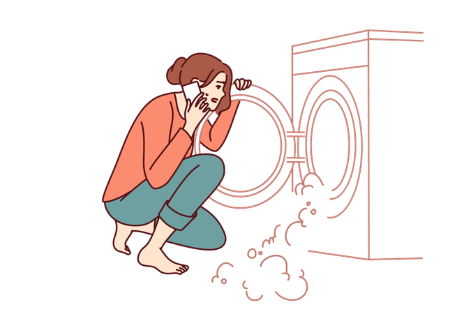 Woman calls technician to repair washing machine  Illustration